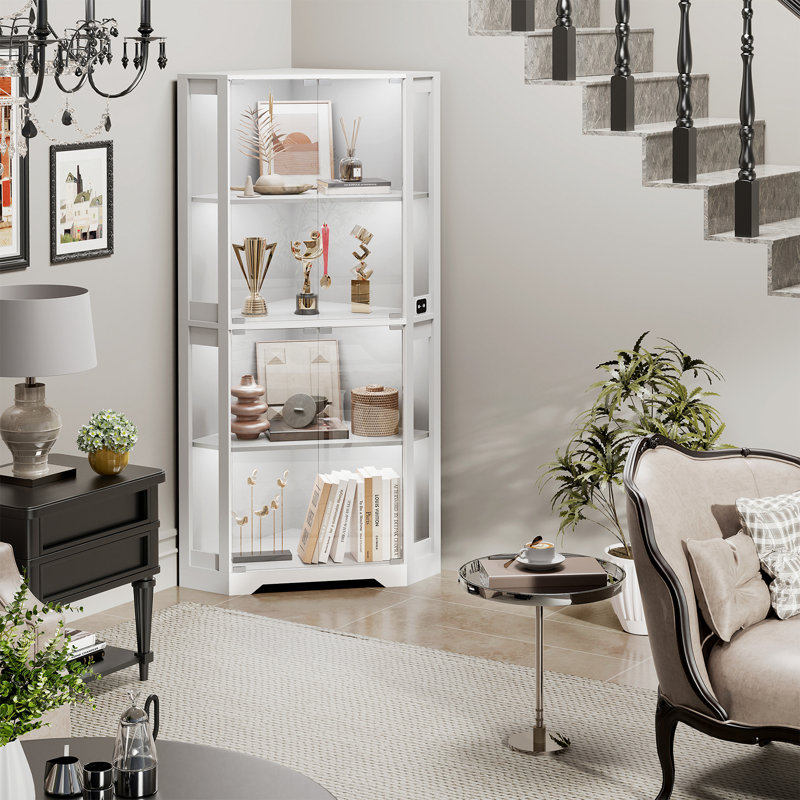 Corner Display Cabinet with Glass Doors, 65" Lighted Curio Display Case with 3 Color Lights for Collectibles, 4-Tier Bookcase with Human Body Sensor for Living Room