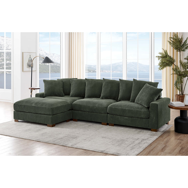 Canapé rembourré en velours côtelé avec pieds en bois massif, 4, Vert, H 34 po x l 122 po x P 67,5 po