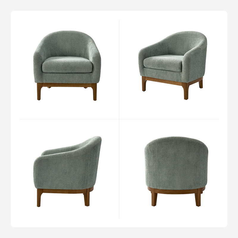 Fauteuil demi-tonneau rembourré avec pieds en bois massif Berklie, Laine sauge