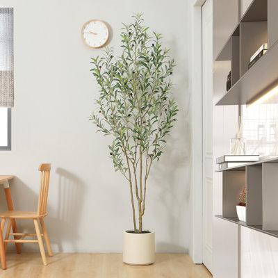 84" Faux Olive Tree in White Planter, Lifelike Fake Olive Plant for Indoor and Outdoor Decor 