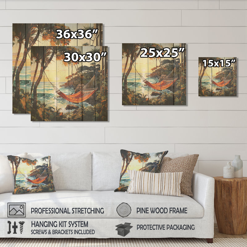 Sunset Hammock By The Beach II - Coastal Tropical On Wood Print, 25" H x 25" W