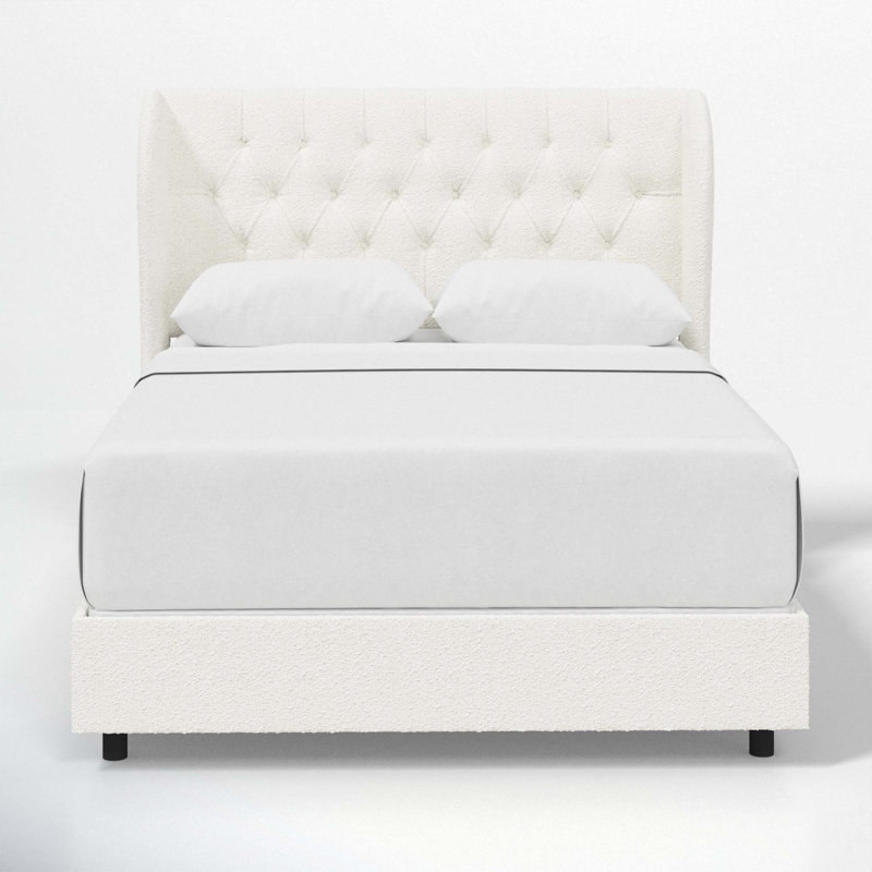 Lit tapissier capitonné standard à profil bas Tomey, Double, Velours blanc classique
