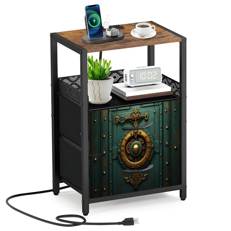 Table de chevet 2 tiroirs en tissu avec station de charge Porte verrouillable mécanique Steampunk