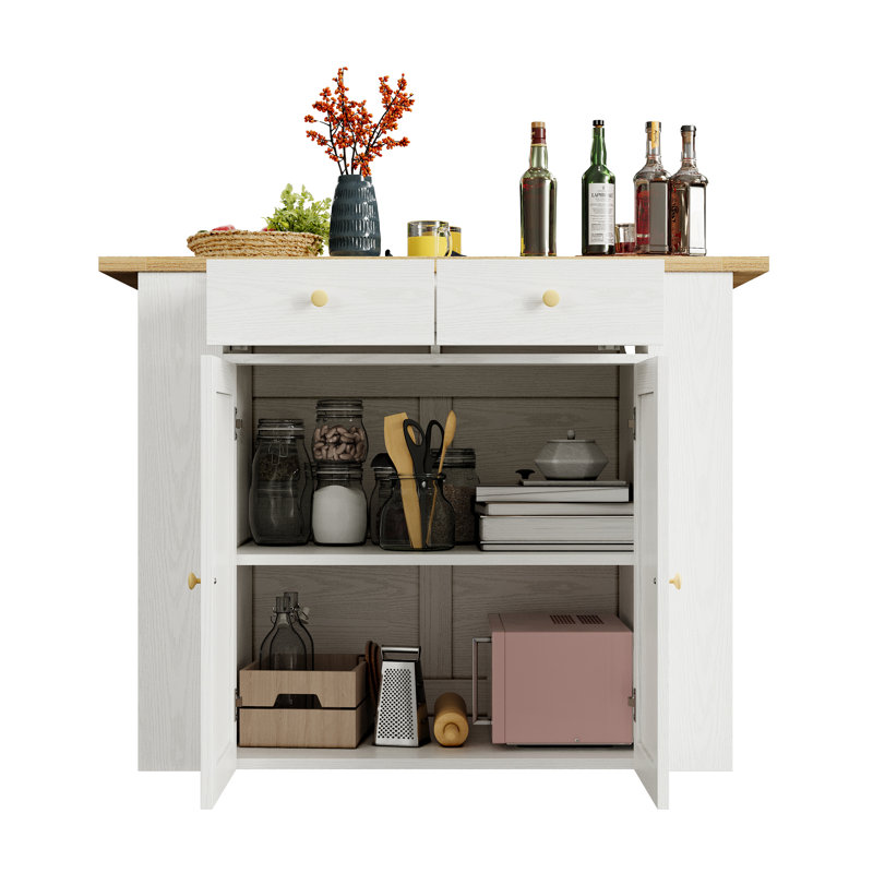 Ensemble d'îlot de cuisine 3 pièces avec armoire de rangement, tiroirs et 2 tabourets, Bois naturel, Blanc