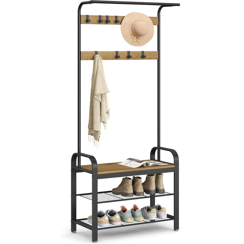 Coat Rack, Hall Tree With Shoe Bench For Entryway, Entryway Bench With Coat Rack, 4-In-1, With 9 Removable Hooks, A Hanging Rod, 13.3 X 28.3 X 72.1 Inches, Honey Brown And Black UHSR040B05