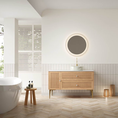 Munin 48" Bathroom Vanity With Sink, Freestanding Plywood Storage Cabinet With 4 Metal Legs, Door And 2 Drawers, White Ceramic Basin With Stone Pattern, No Faucet, Pre-assembled, Oak Woodgrain Color 