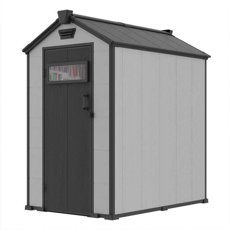 Remise de rangement extérieure en résine avec plancher, fenêtre, porte verrouillable et ventilation Easyyhawk 4 pi x 6 pi, gris