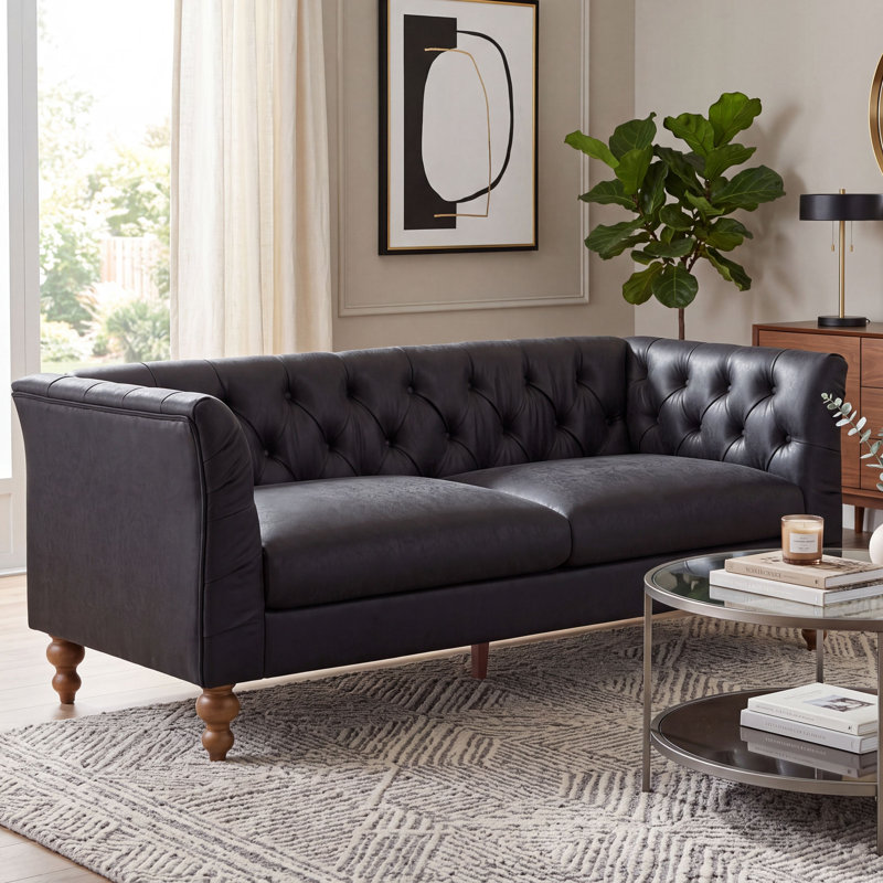 Ivarn 73.5" Wide Traditional PU Upholstered Chesterfield Sofa with Diamond-Tufted Back, Flared Arms & Rubberwood Legs, Black