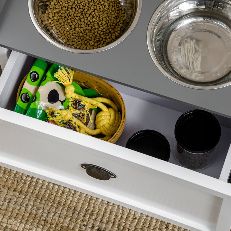 Dispositif d'alimentation blanc pour animaux de compagnie - bols surélevés et rangement, tiroir de rangement pour chien pour grandes canines,