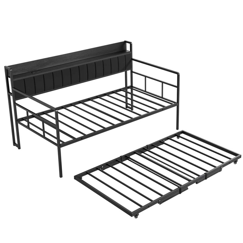 Twin Daybed with Pop-Up Trundle Bed Frame, Charging Station, LED Light, for Living Room, Bedroom, or Guest Room, Durable Sofa Day Bed with Storage Headboard, 4 Casters, Adjustable Height, Black