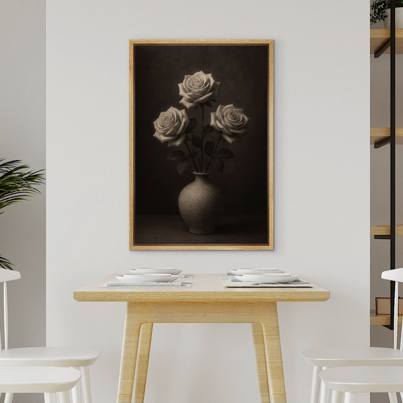 «Three Roses White in Elegant Vase Floral Still Life», reproduction d'art sur toile encadrée dans la chambre principale