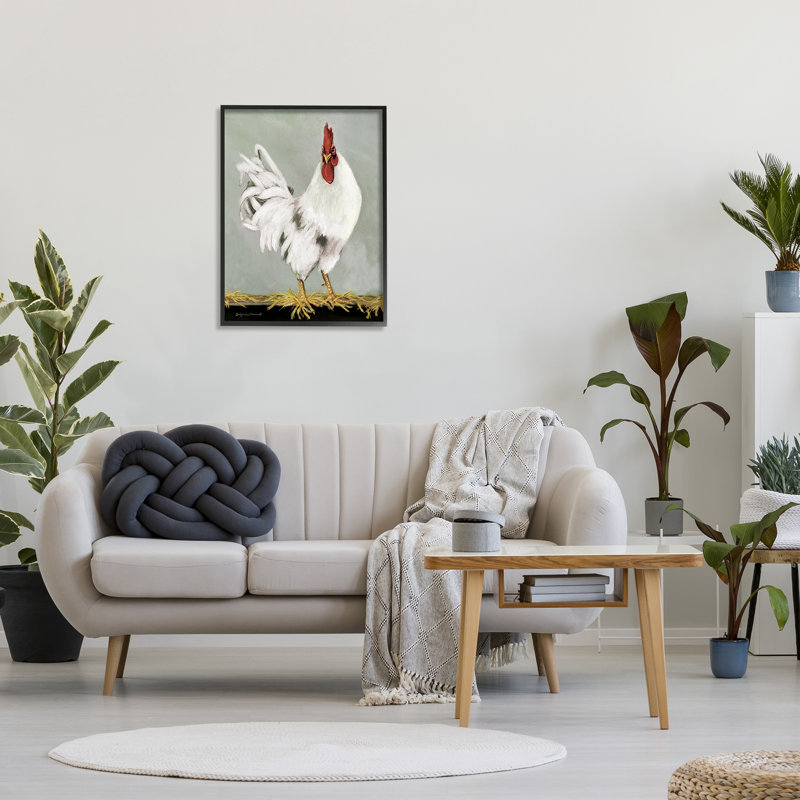 «White Rooster Farmhouse Animal» par Stephanie Workman Marrott - peinture à cadre flottant sur bois