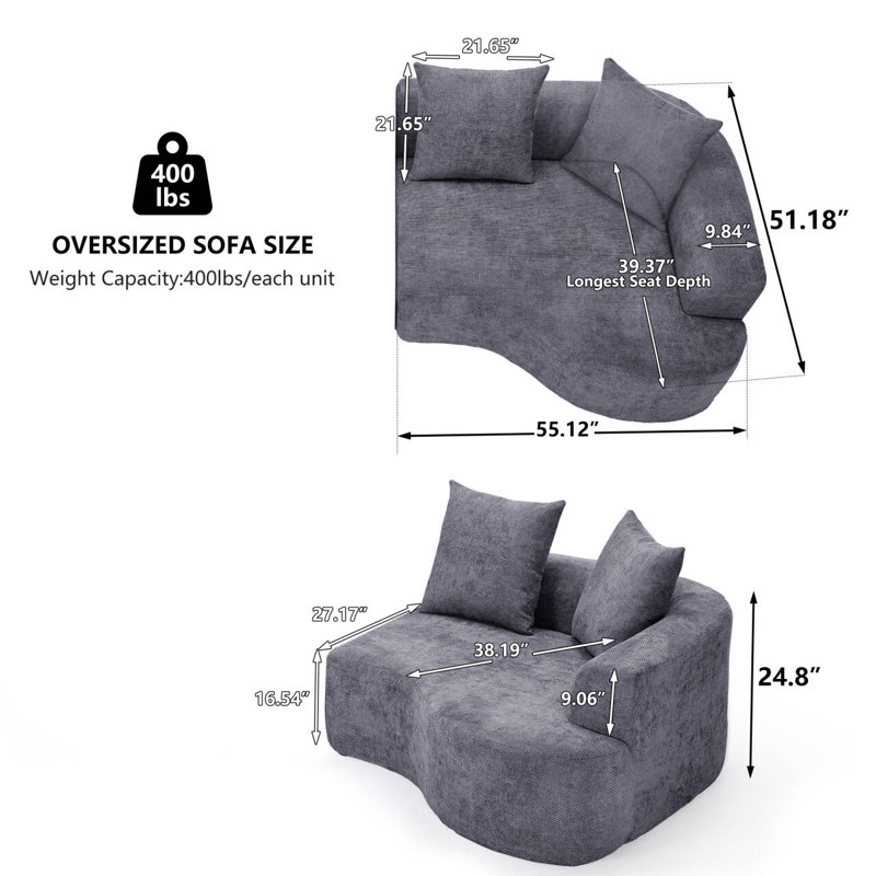Chaise longue rembourrée en L Boneless, Gris