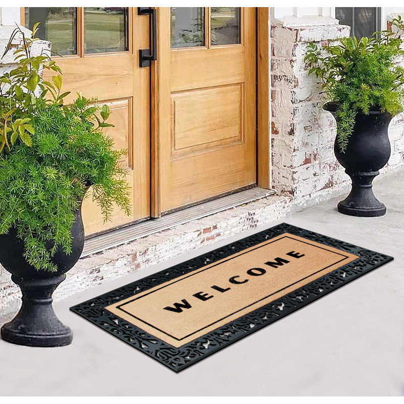 Scudder Welcome Natural Coir & Rubber Non-Slip Heavy-Duty Doormat – 30" x 60" Outdoor Entry Mat, Black Paisley Design