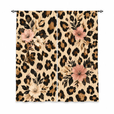 2 pièces rideaux à imprimé floral léopard, tissu filtrant la lumière, motif rétro et chic, protection de la vie privée pare-soleil, conception à passe-tringle, convient au salon, à la chambre à coucher, au balcon, à la cuisine, à la maison