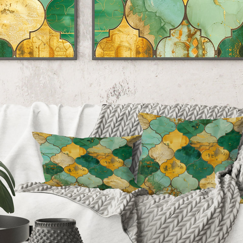 Coussin décoratif mosaïque dorée verte et dorée I - Tiles, H 18 po x l 18 po
