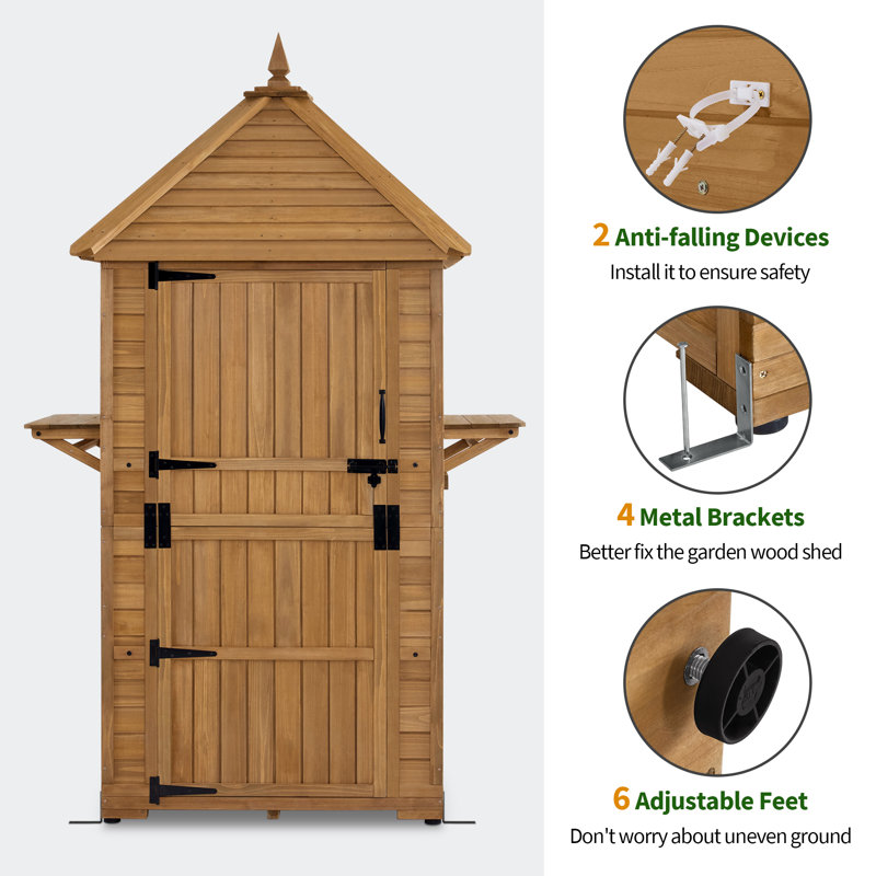 Natural Fir Wood Tall Outdoor Storage Shed with Shelves and Foldable Tables