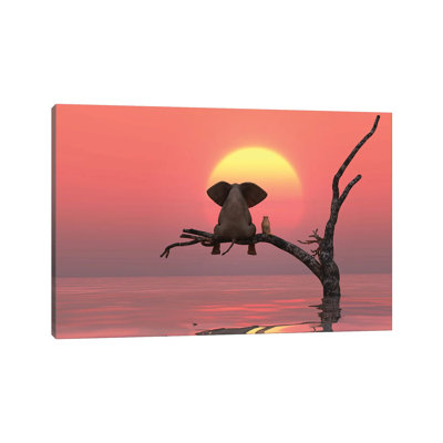 Elephant And Dog Are Sitting On A Tree At Red Sunset by Mike Kiev - Wrapped Canvas Print