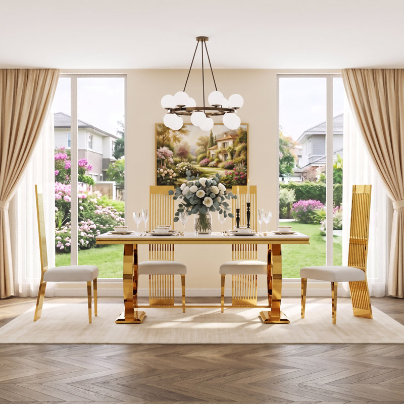 Ensemble table et chaises de salle à manger 70" blanc et or avec 4 chaises bouclées pour 4 personnes