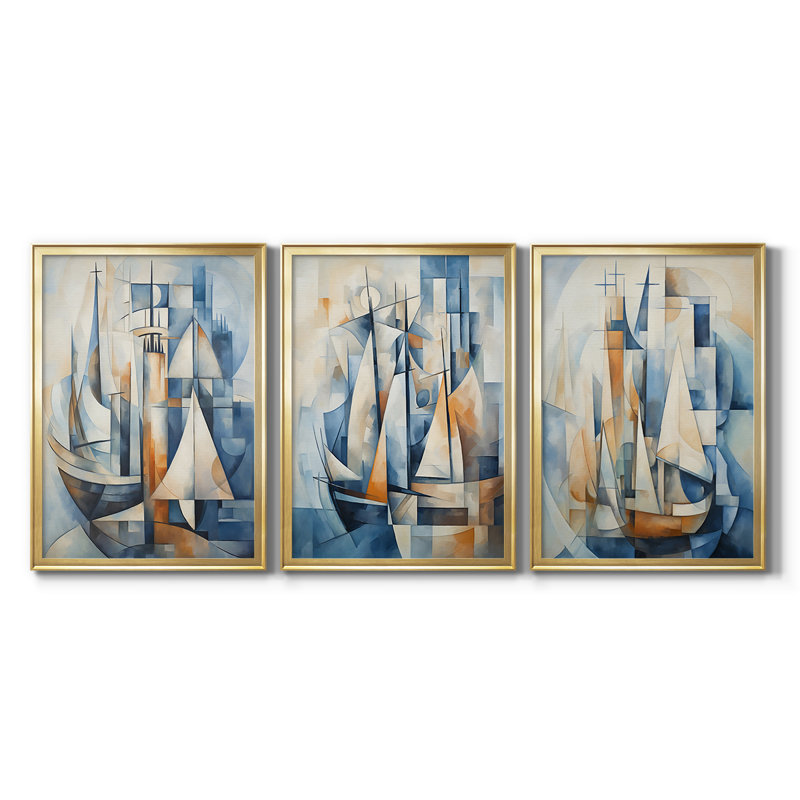 NAUTICAL Series CCCCLXXII - Toile tendue avec châssis sur mesure - 3 pièces, H 21 po x l 30 po, Doré