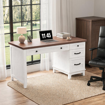 Bureau de direction de 53,5 po avec prise de courant, bureau personnel avec tiroirs, bureau de travail en bois avec classeur, bureau d'ordinateur pour travailler, étudier, écrire