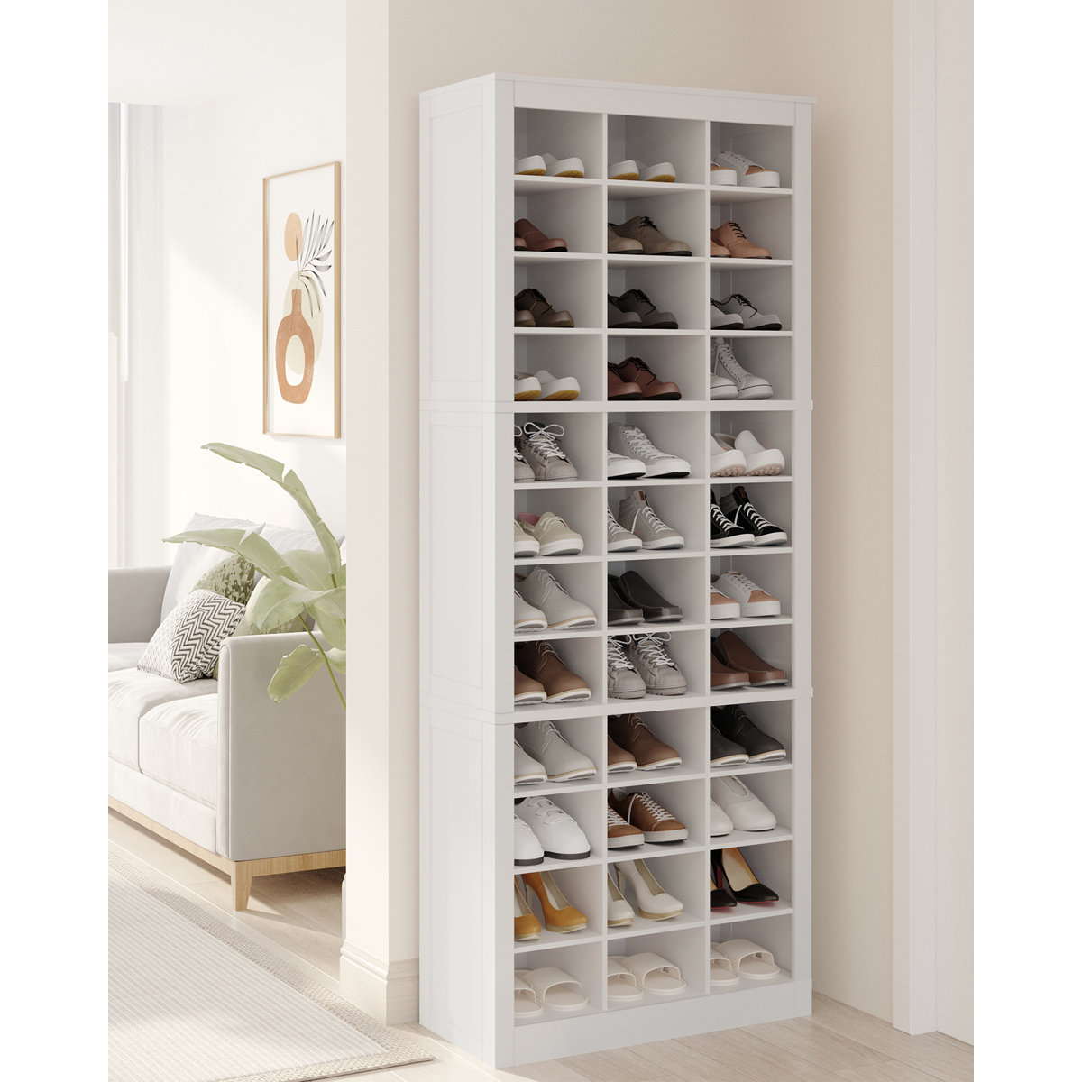 Darlington Shoe Storage Cabinet, 36 Pairs Free Standing Closet Organizer, 8.8 inch Widened Cell Wood Shoe Organizer, 12 Tiers Vertical Space Saving Shoe Rack for Entryway, Bedroom