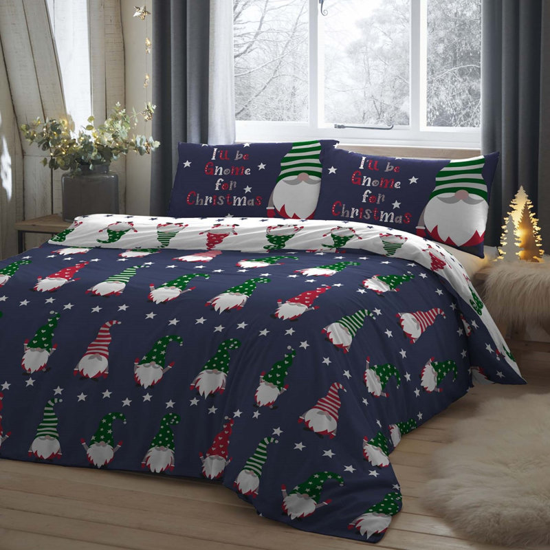 Gnome For Christmas Cotton Duvet Cover Set with Pillowcases, Double - 2 Standard Pillowcases, Navy