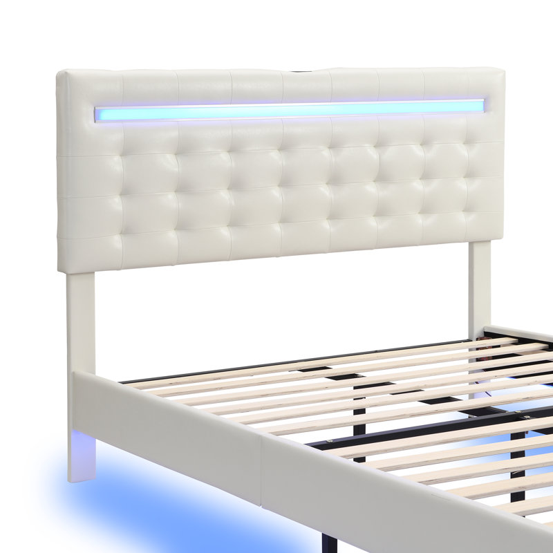 Full Size Floating Bed Frame With Led Lights And Usb Charging, White