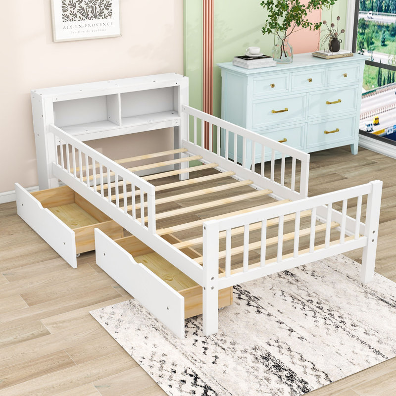 Lit simple avec tiroirs et tablettes de rangement, Blanc