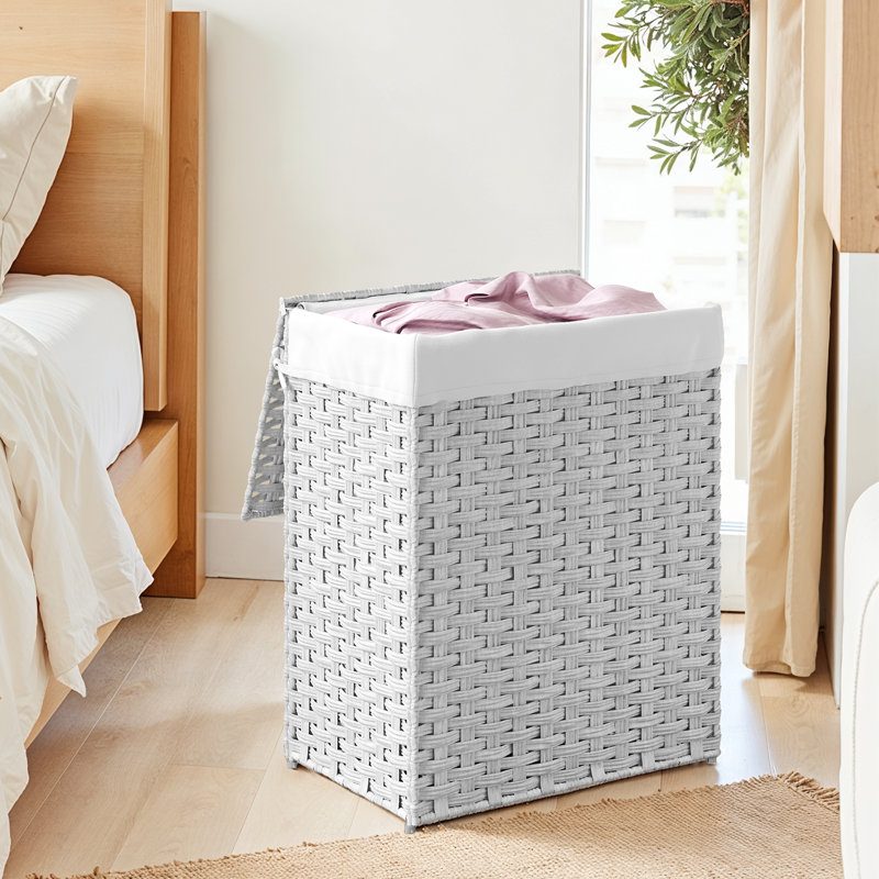 Laundry Hamper With Lid, 23.8 Gallon (90L) Synthetic Rattan Clothes Laundry Basket With Lid And Handles, Foldable, Removable Liner