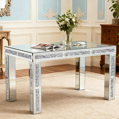 Jasmic 130cm Mirrored Dining Table Glass Top with 4 Legs Glam Traditional and Modern Design Styles