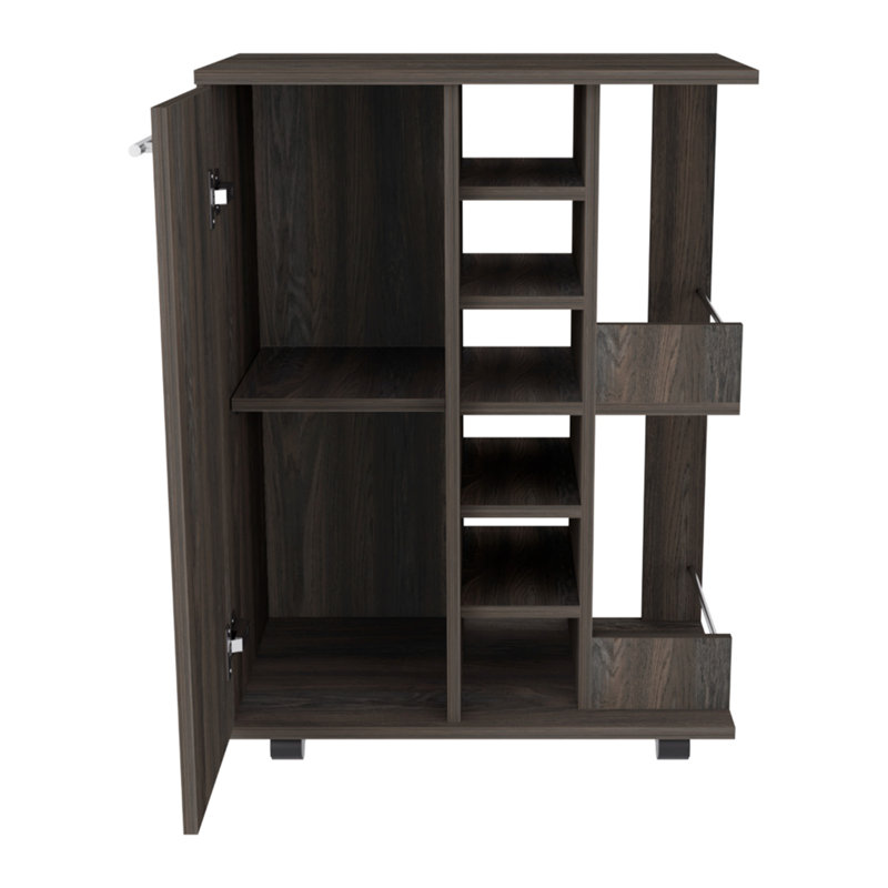 Chariot-bar espresso en carbone 32 po H, rangement pour armoire, 4 roulettes, 1 rangement divisé avec 1 tablette, 1 porte pliante, une division verticale centrale pour 6 bouteilles et 2 tablettes latérales avec façade en aluminium