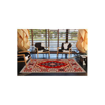 Red Themed Traditional Ethnic Patterned Vintage Decorative Rug Machine Washable