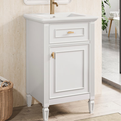 Lavabo de salle de bain blanc de 20 pouces avec pieds en bois d'hévéa massif, métal doré et quincaillerie à fermeture en douceur, convient aux lavabos de salle d'eau, au tiroir inclinable, aux petites salles de bain autoportantes modernes en alliage de zinc