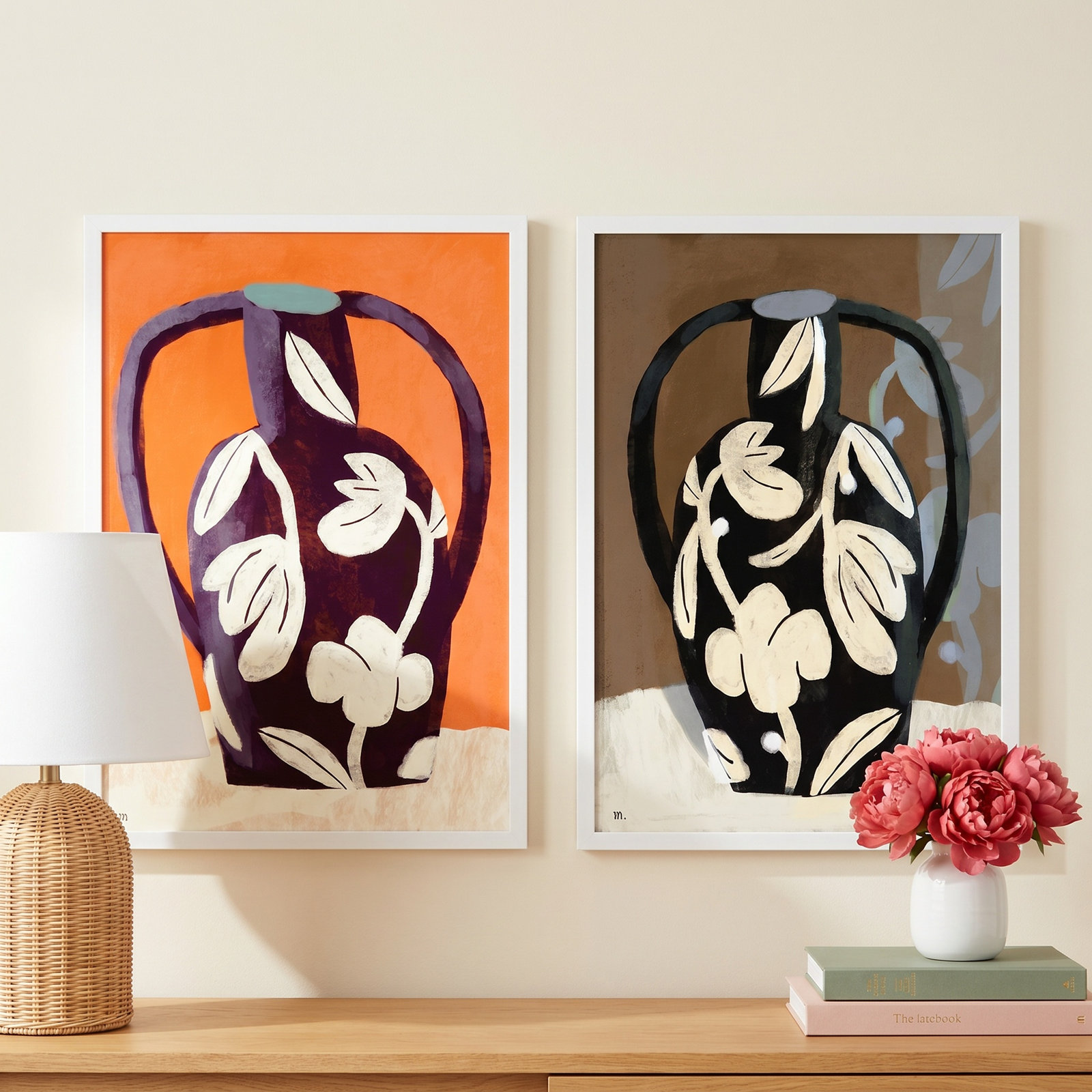 Black Vases 2-Piece Print Set by Marco Marella, White Framed Paper, 30" H x 21" W x 1.25" D
