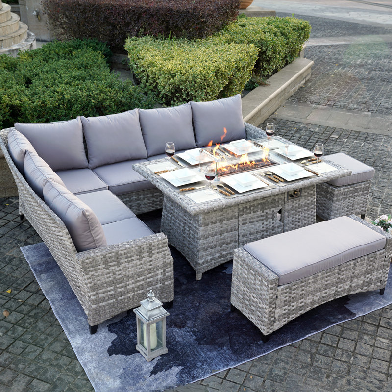 Beoll 9 - Person Metal Patio Dining Set with Rectangular Table , Cushions Included