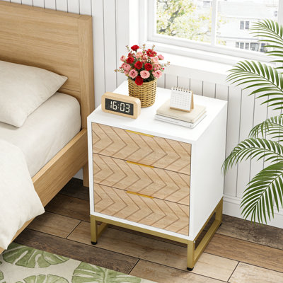 3 Drawers Nightstand Set Of 2, Modern White And Gold Bedside Table