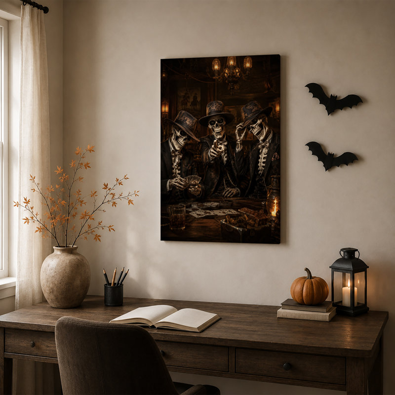 «Three Skeletons in Suits Jeu de cartes dans Saloon», art mural sur toile, H 30 po x l 20 po