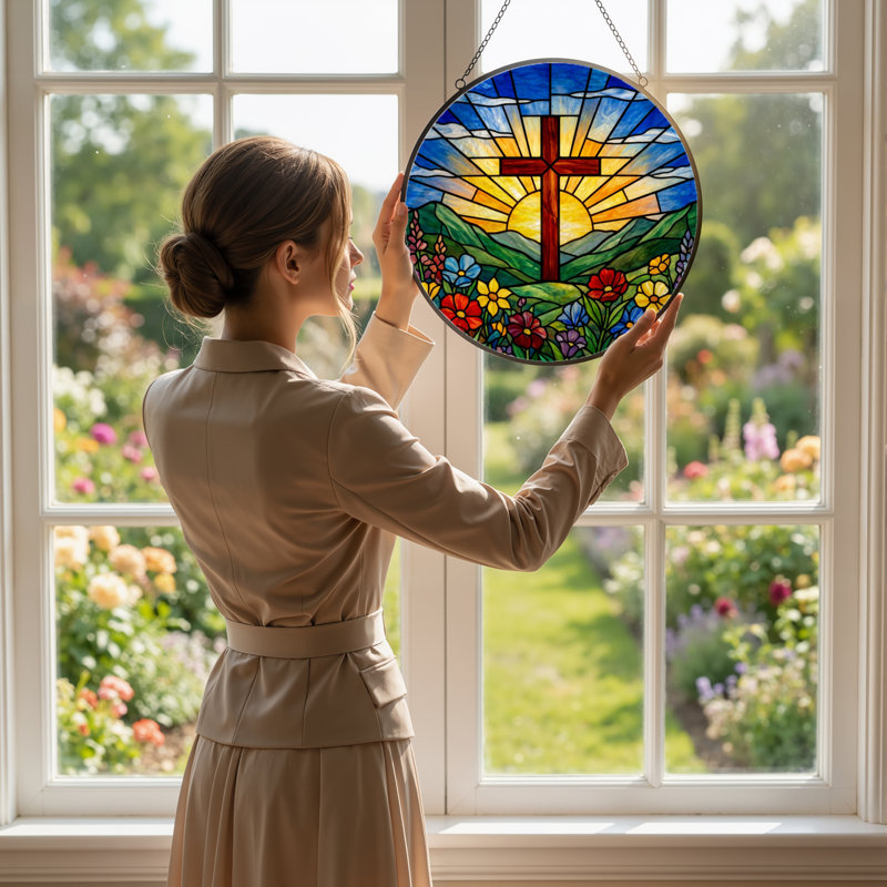 Vitrail 12 "H Sunrise Cross, H 12 po x l 12 po