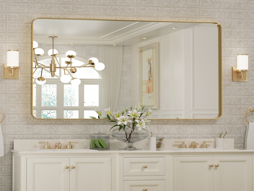 Bright Bathroom with gold frame, sconces, and chandelier