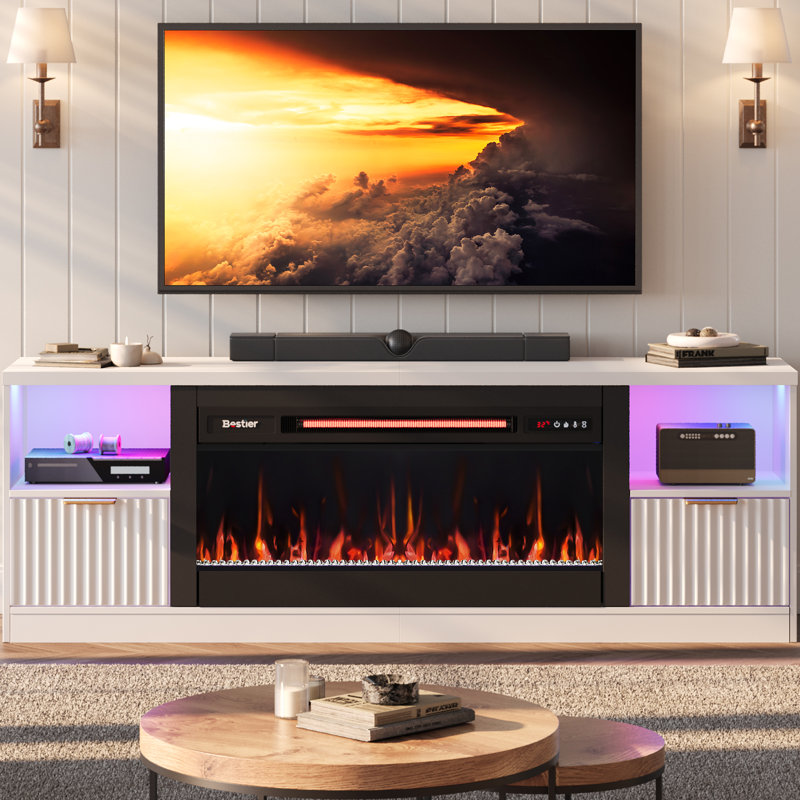 White Modern Fluted Fireplace TV Stand with Gold Handles