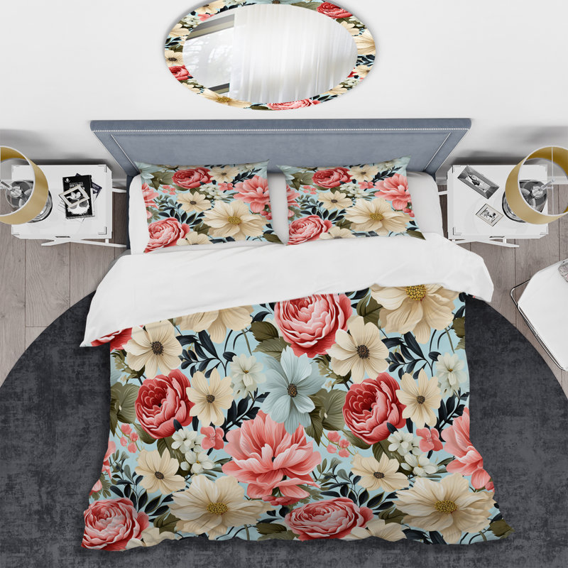 Ensemble de housse de couette rose rétro Flower Garden Symphony III, Housse de couette pour grand lit et 2 taies décor