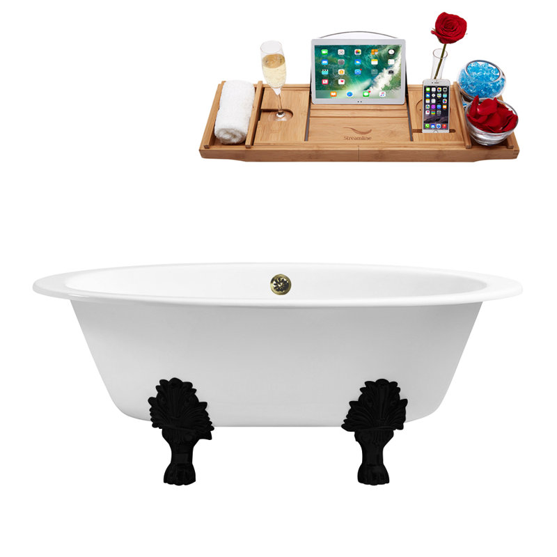 Baignoire de trempage sur pattes 65 "avec drain, pattes et plateau en bambou 65" Streamline, Nickel brossé, Noir mat