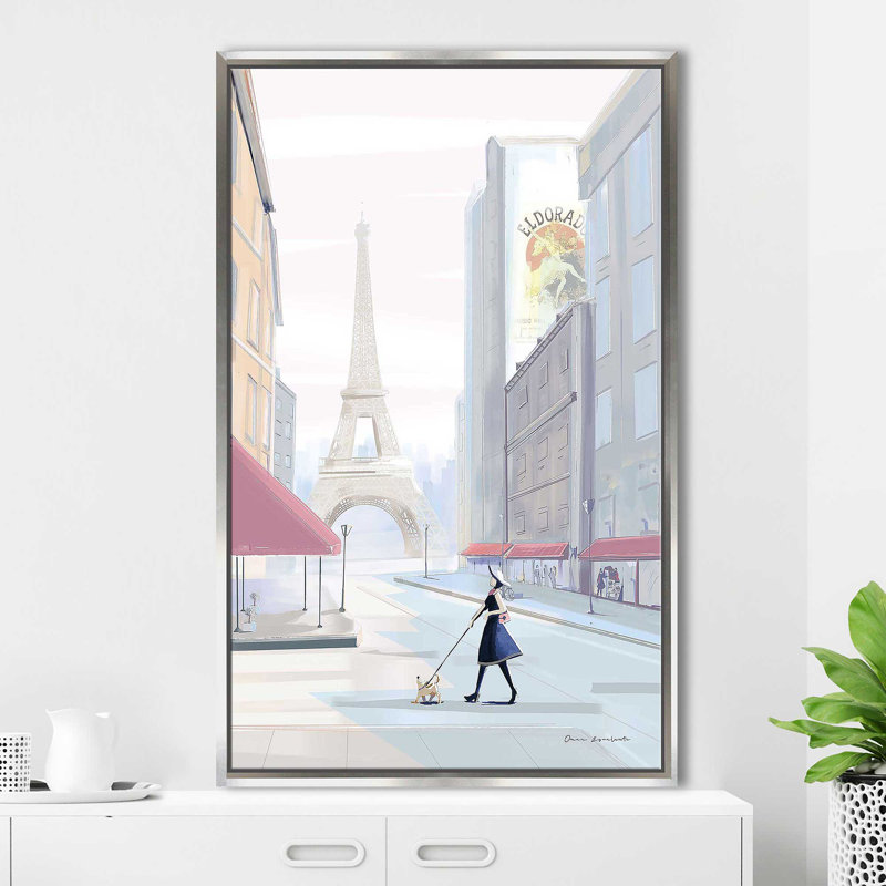 «Paris Morning Walk» par Omar Escalante - Peinture, Cadre flottant argent, H 43,5 po x l 27,5 po x P 2 po