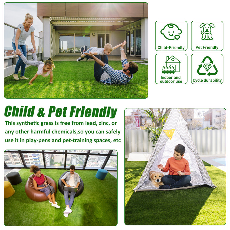 Gazon artificiel adapté aux animaux de compagnie, tapis d'extérieur avec drainage, velours épais pour patio, balcon, jardin