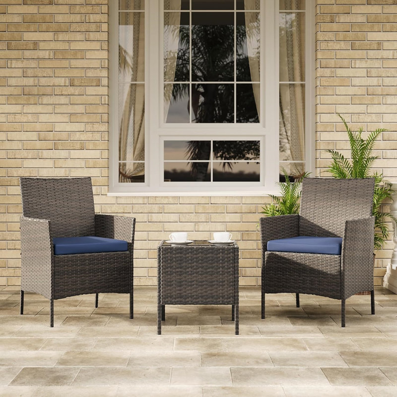 3 Pieces Patio Furniture Set, Rattan Outdoor Furniture with 2 Upholstered Chairs and Coffee Table, Conversation Bistro Set for Garden, Backyard, Porch, Brown and Blue