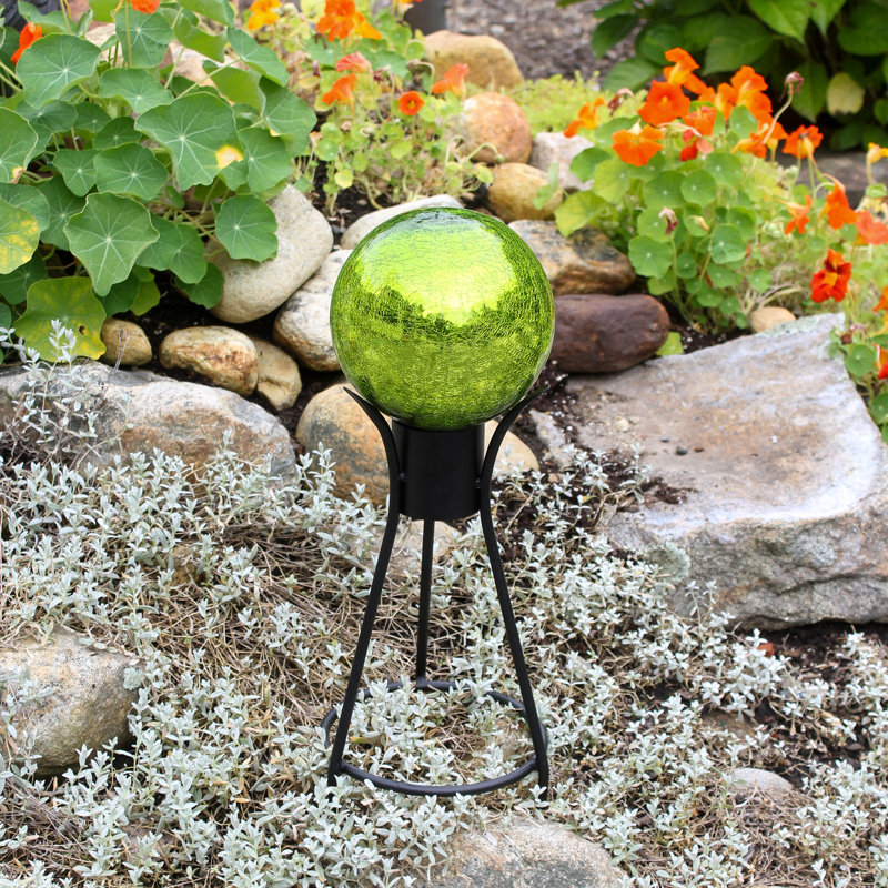 Fern Green Crackle Glass Gazing Globe with Hand Forged Stand