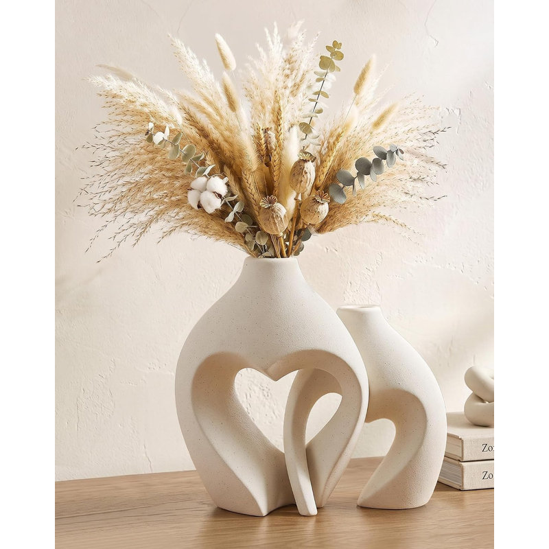 White Ceramic Flower Vases Table Decor Heart Shaped Vase Set of 2