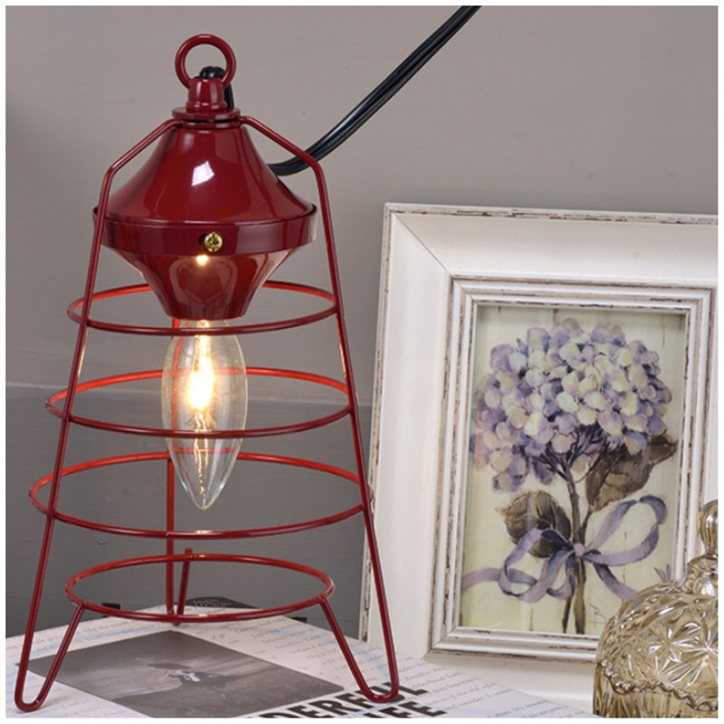 9.5" Tall Table Lamp, Camp Lantern Design, Red