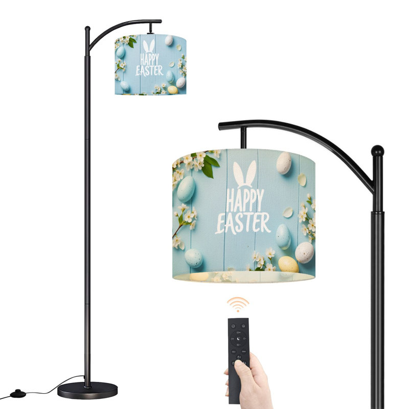 Arc Floor Lamp Easter Decor Colorful Eggs Spring Flowers Blue Wooden Floor Lamps with Remote LED Lights Adjustable Lamp Shades Tall Standing Lamps for Reading Office Living Room